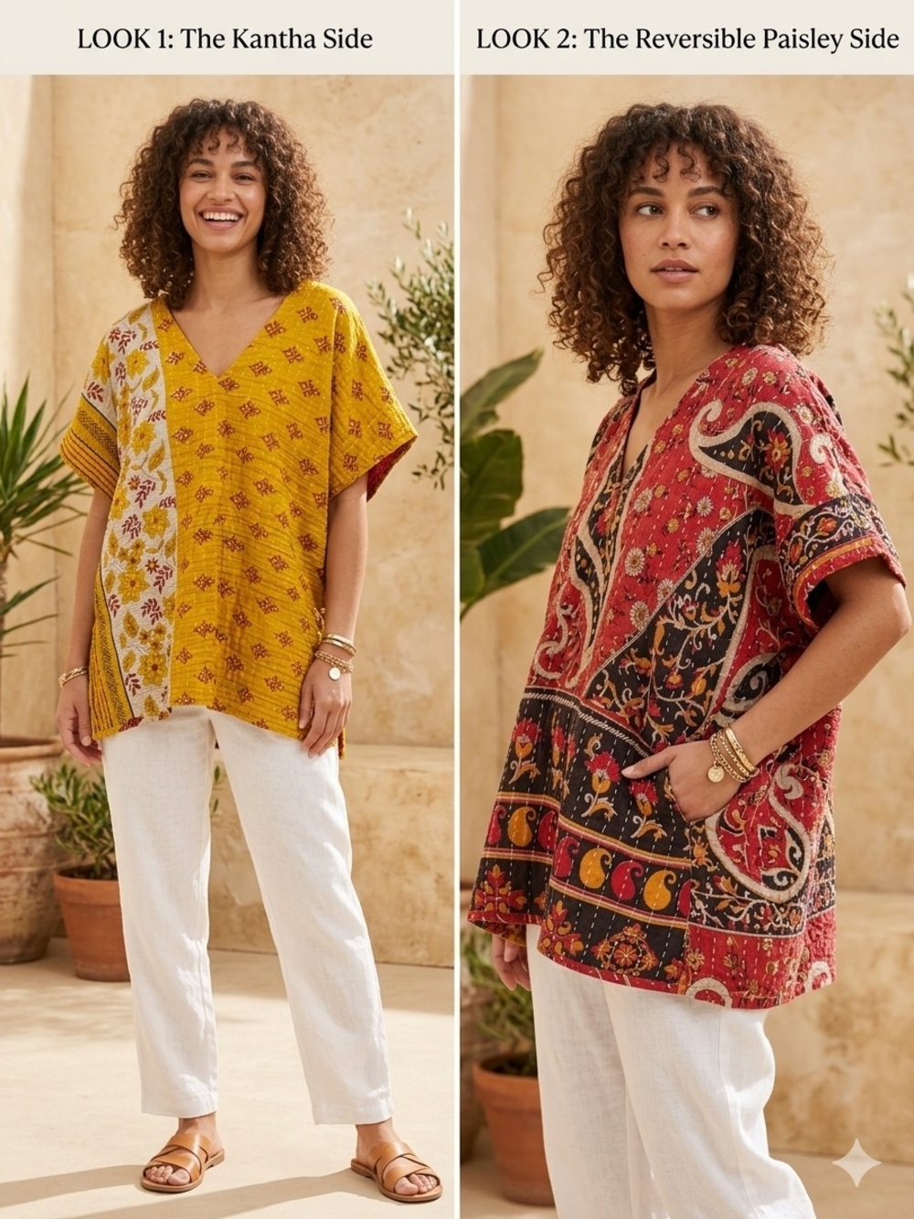Reversible V-Neck Kantha & Paisley Tunic - Yellow/Red